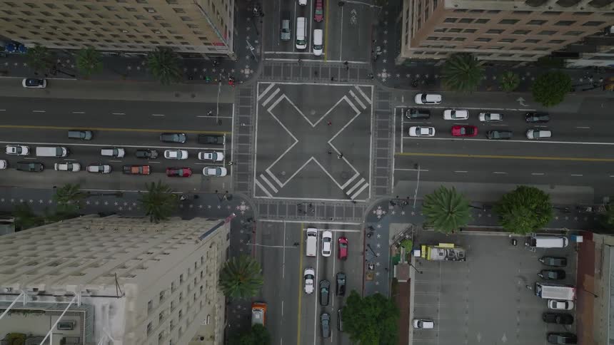 Aerial of cars at a traffic stop Hollywood, California