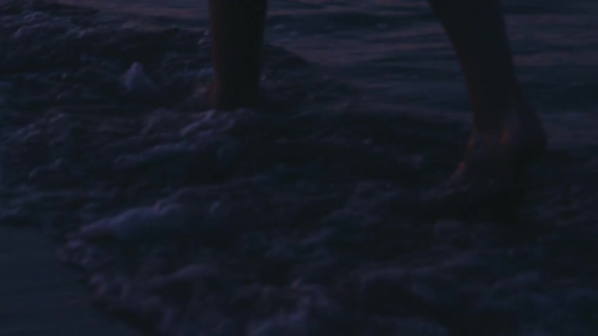 The legs of a person walking barefoot on the seashore with some waves hitting their feet