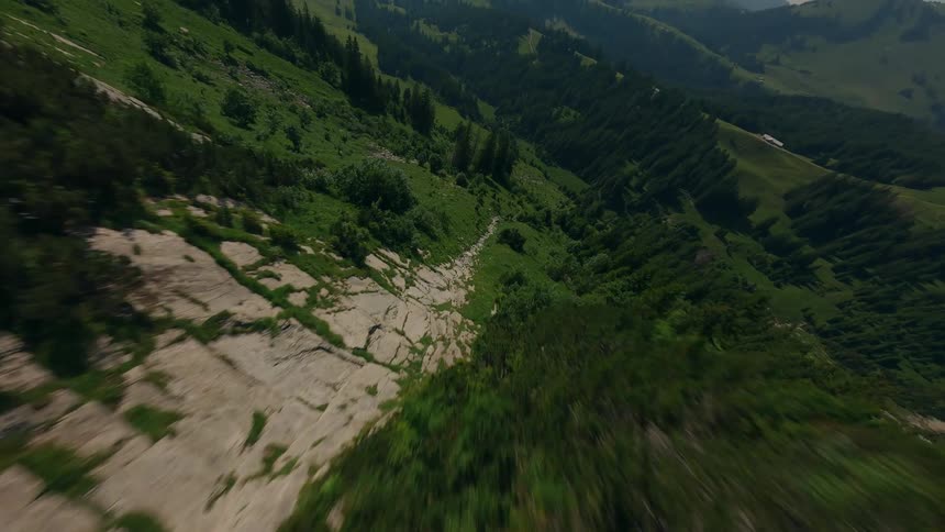 FPV Drone Glides Down a Lush Green Swiss Mountain