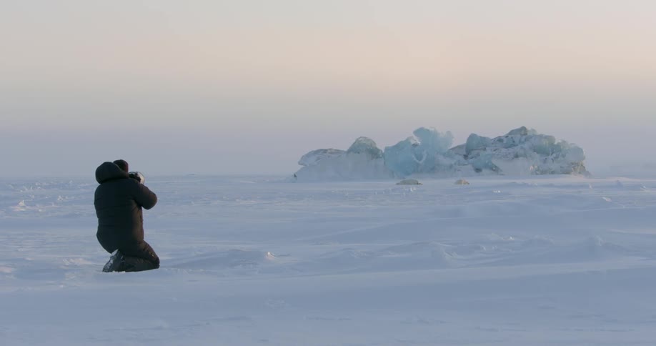 Man photographing sleeping polar bears in the arctic