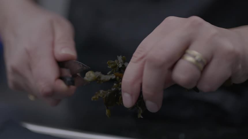 The cook is trimming food with sheers