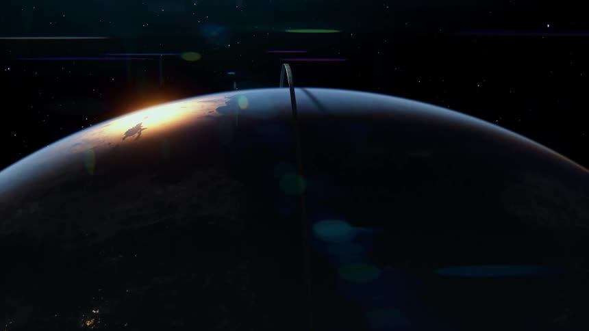A massive ringshaped structure extends from earths surface into space seen from orbit with the planet partially illuminated by sunlight