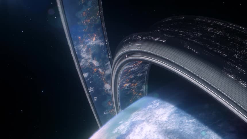 Futuristic space station in the shape of monumental rings orbiting a blue planet