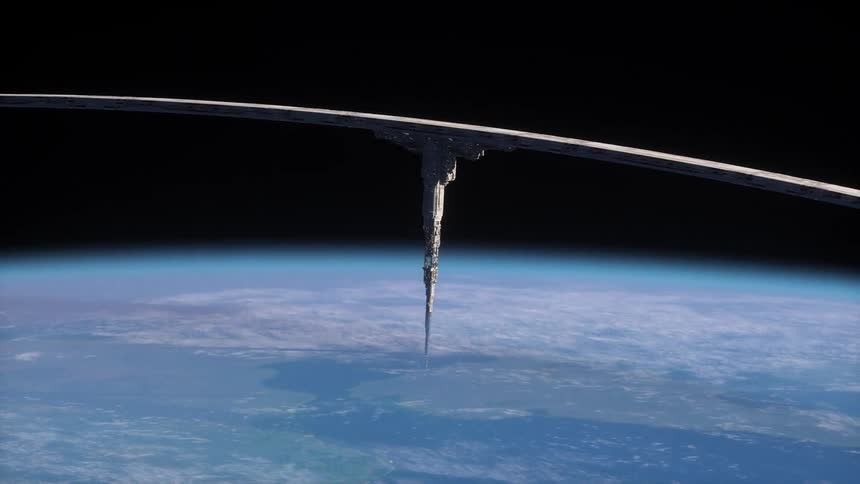 A large bridge is across the planet in outer space