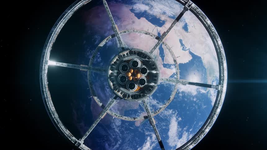 A spinning space station in orbit around earth
