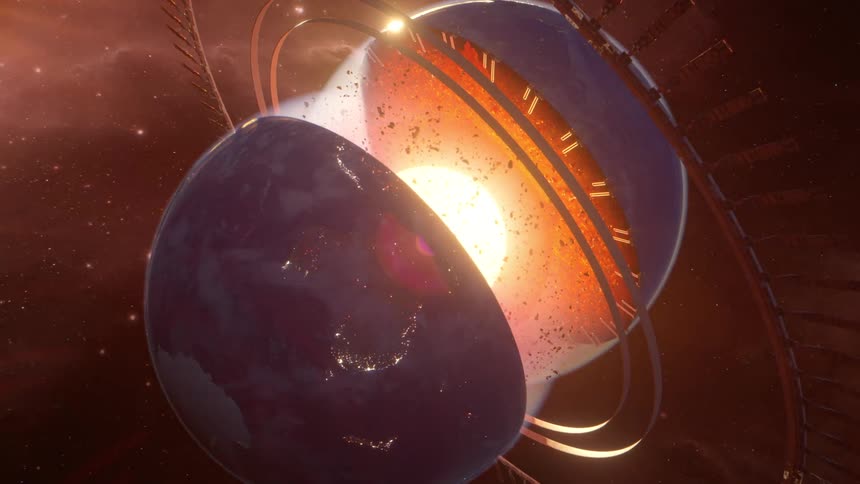 A cracked futuristic planet with a glowing core and metallic rings floating in space