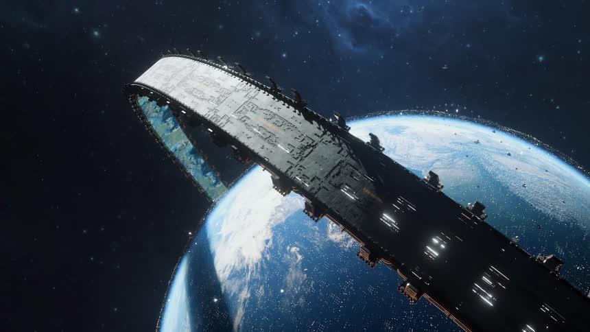 A futuristic ring is spinning around earth
