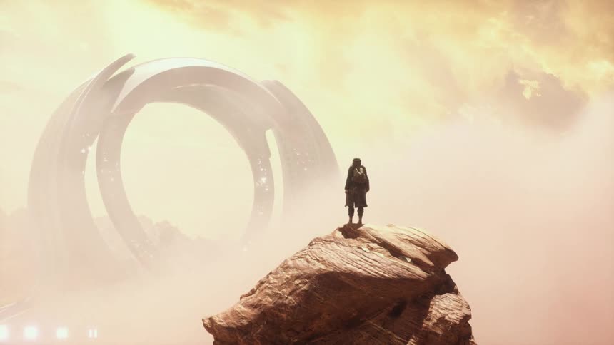 Person on a mountain peak watching futuristic rings on the horizon