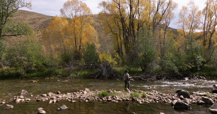 Man fishing on the bank of a river in the forest