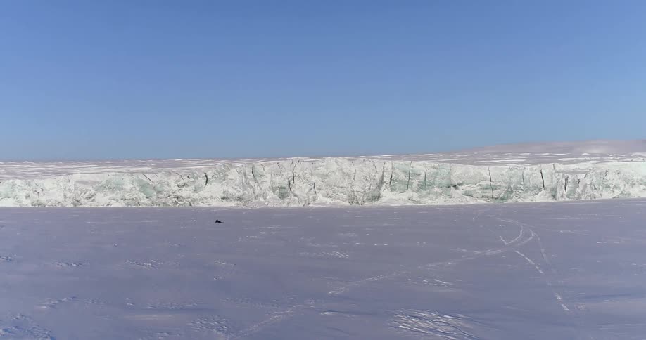 A snowmobile races in the distance
