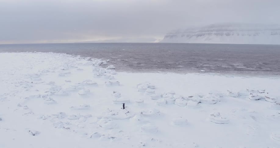 A person is hiking in the snow towards the water