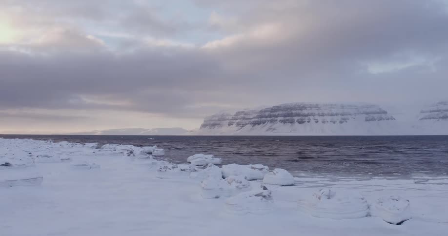 The waves crash against the icy shore