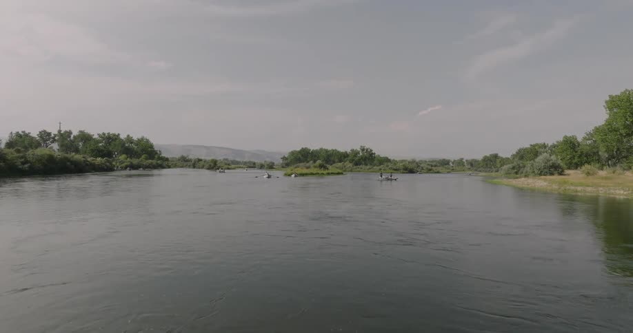 Several white and blue kayaks are spread across a wide river surrounded by green trees on the banks