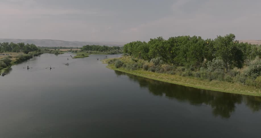 Row boats are traveling in the river