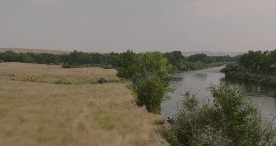 Animals by a river with canoes