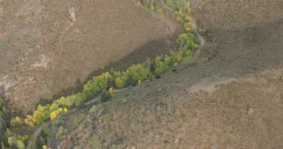 A winding road cuts through a forested valley between dry hills seen from above