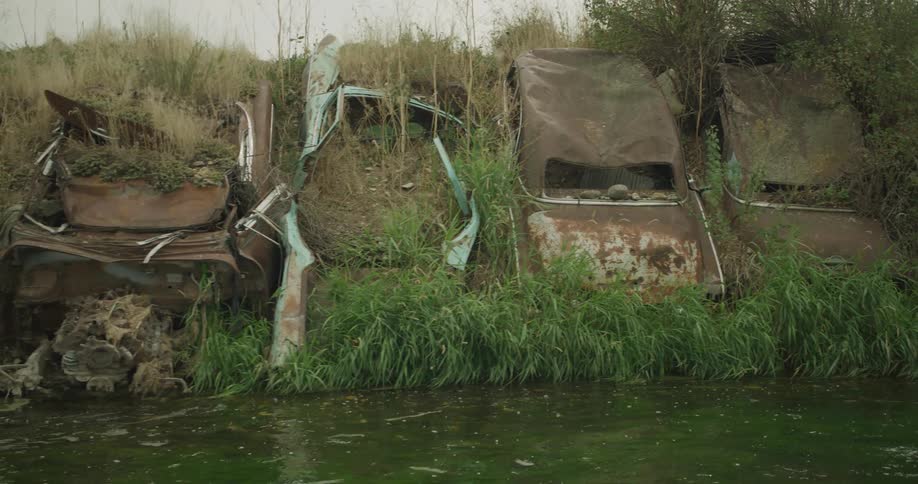 Rusted abandoned cars line the stream