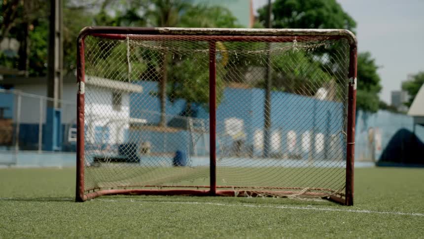 An empty soccer goal on a grassy field with a blurred background of trees buildings and a fence