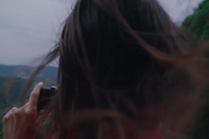A woman is taking pictures of the landscape from up high