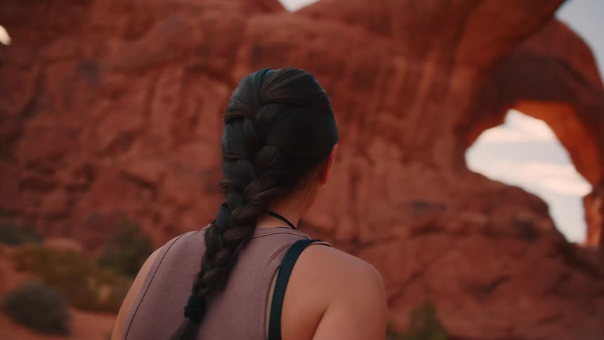 A woman is admiring a rock formation while she is traveling