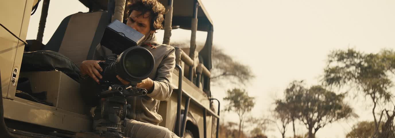 A cameraman films wildlife from a safari vehicle in the plains