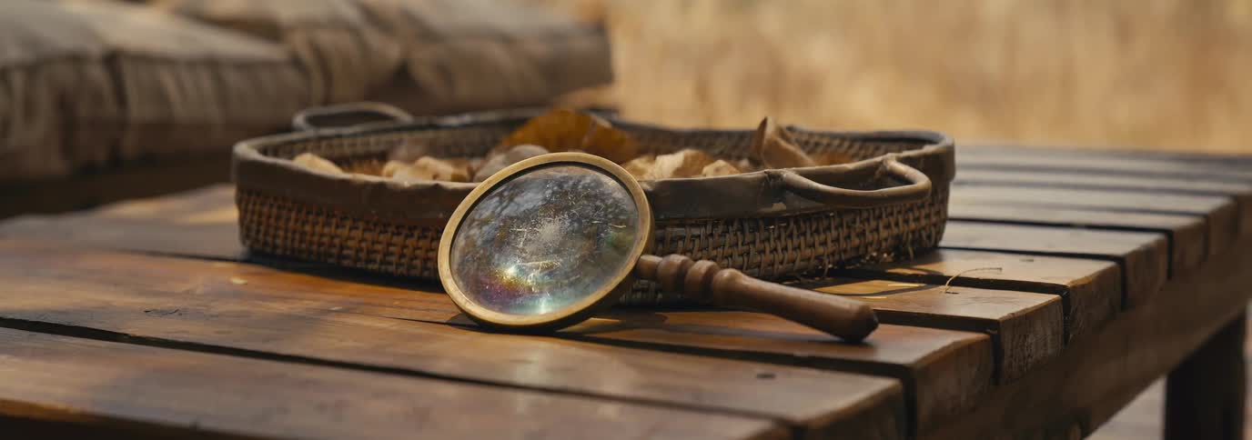 A magnifying glass rests on a wooden table next to a basket in the wild at midday