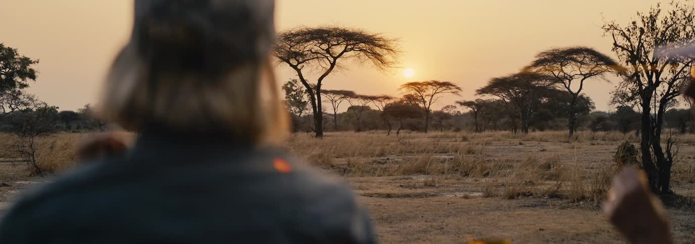 A person seen from the back looks towards a setting sun over a dry open plain with scattered acacia trees under an orange sky