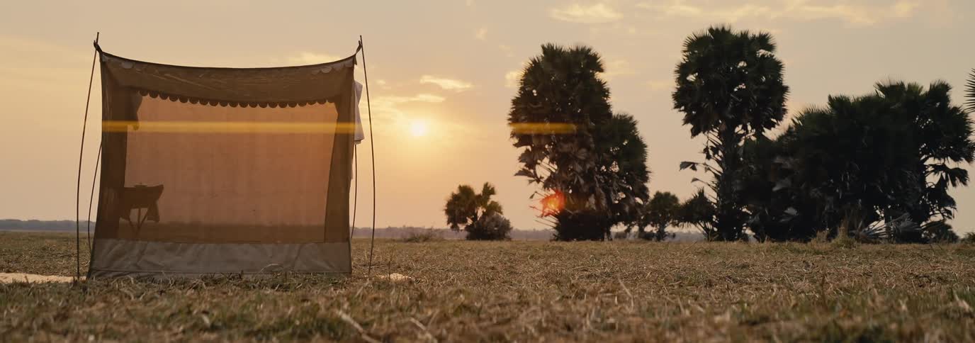 A mesh tent sits alone on a dry open field at sunset with palm trees in the distance