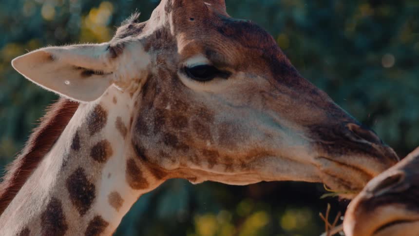 Close up of a giraffes head as it chews a plant during daytime