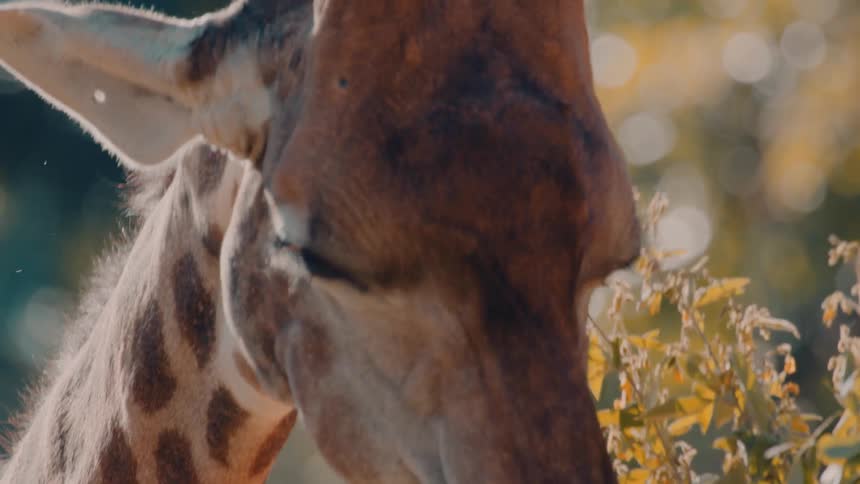 The face of a giraffe that is feeding on plants and it is chewing