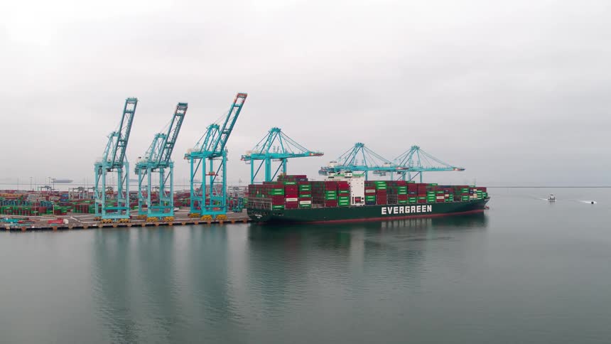 Container ship sits at the dock near the loading cranes during the daytime at  Los Angeles