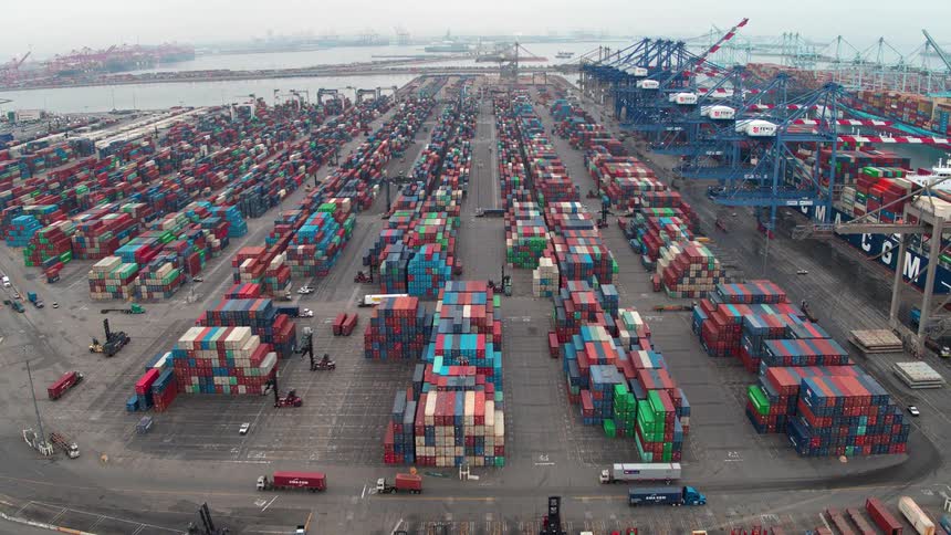 Aerial panoramic view of containers in a logistics center