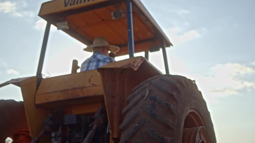 The tractor has very large tires