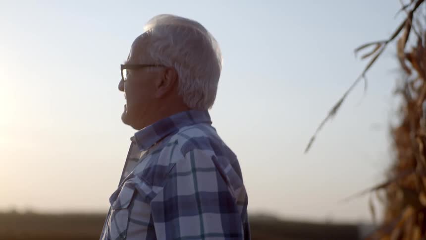 A man waves his hat on the farm