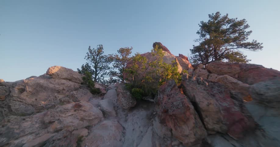 The skies are clear over the summit of the mountain