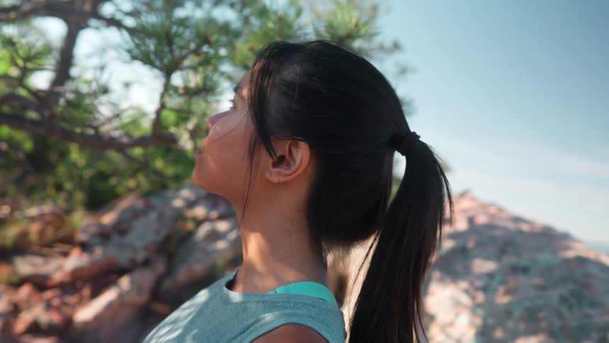 Woman on a mountain looking at a tree