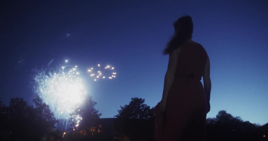 A person in a red dress watches fireworks burst across a deep blue night sky with dark tree lines framing the scene