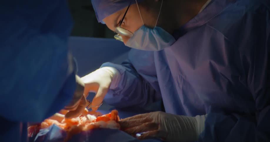 The surgeon leans into the patient while operating