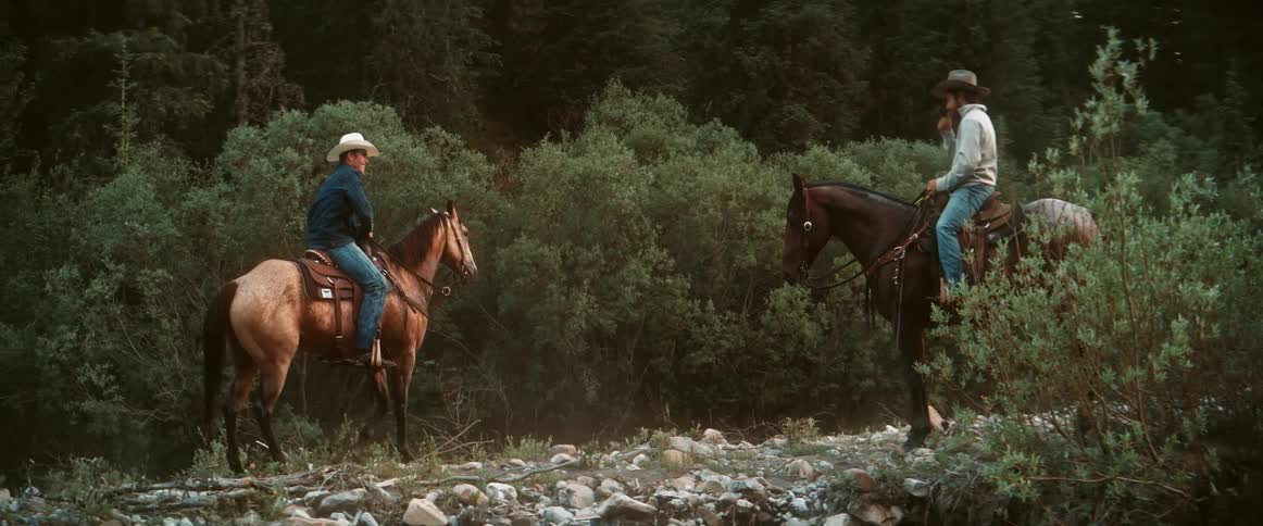 Two men on different horses and wearing hats walking along a trail