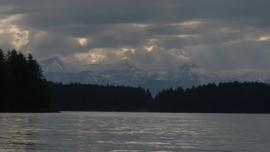 A calm body of water reflects the moody overcast sky with dense forest lining the shore and snowcapped mountains rising in the distance