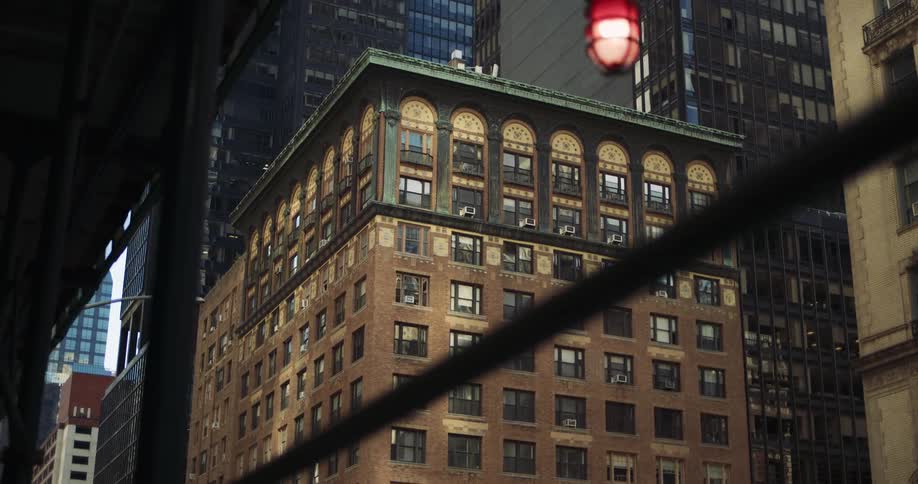 The bird flies over the building