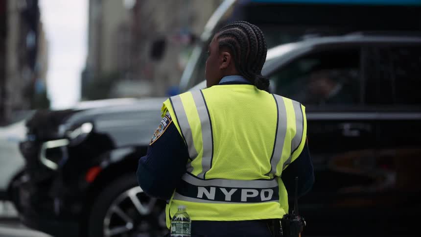A nypd women police is managing traffic wearing gloves