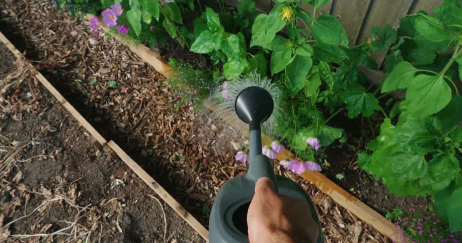 A person is watering multiple plants in their backyard