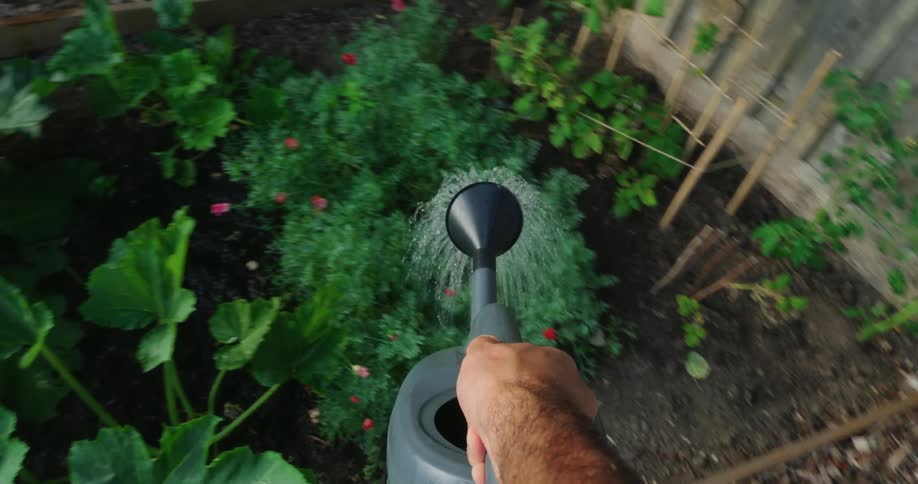 Person watering vegetable garden with gray watering can watering green leaves and small flowers