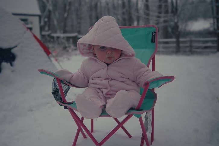 Small child sitting on a chair with a hood and in the snow