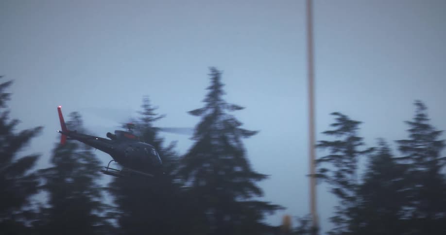 A helicopter flies low above treetops during dusk