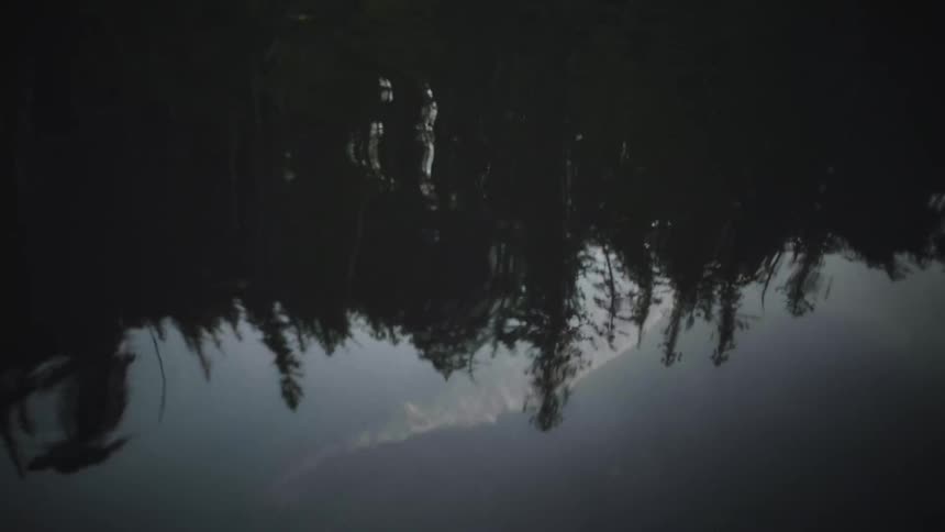 View of a lake reflecting conifers and the sky