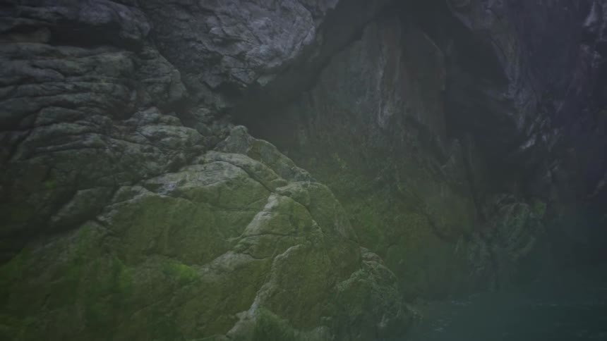 A textured rock face partially covered in green moss slopes downwards into a dark body of water