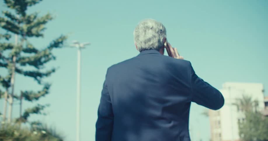 Man in suit with suitcase walking vibrantly through the city