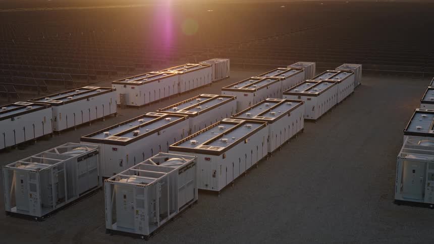 Aerial view of battery systems with solar panels and sun reflections